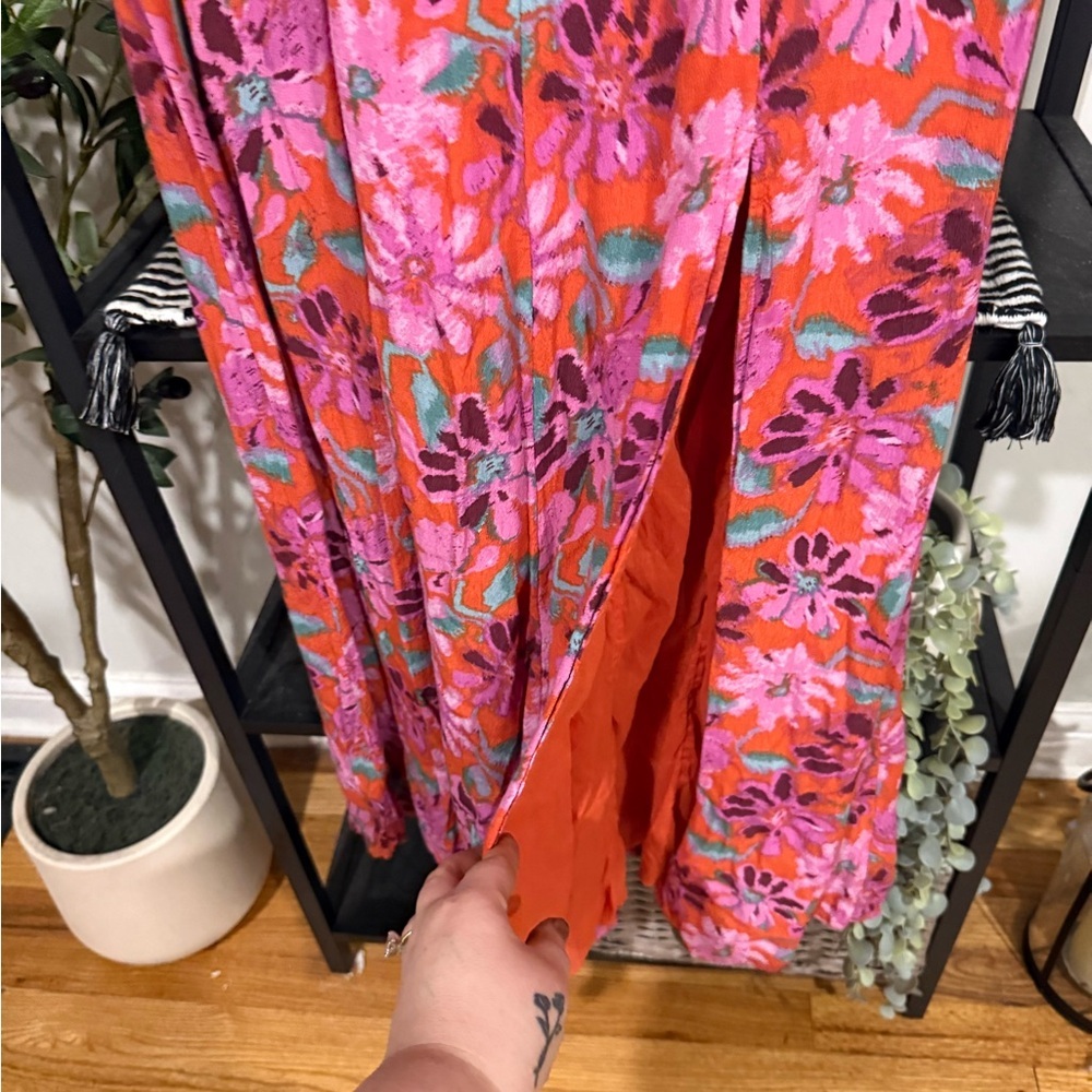 Free People Floral Midi Dress Pink Orange Lace Trim Small - Picture 7 of 13